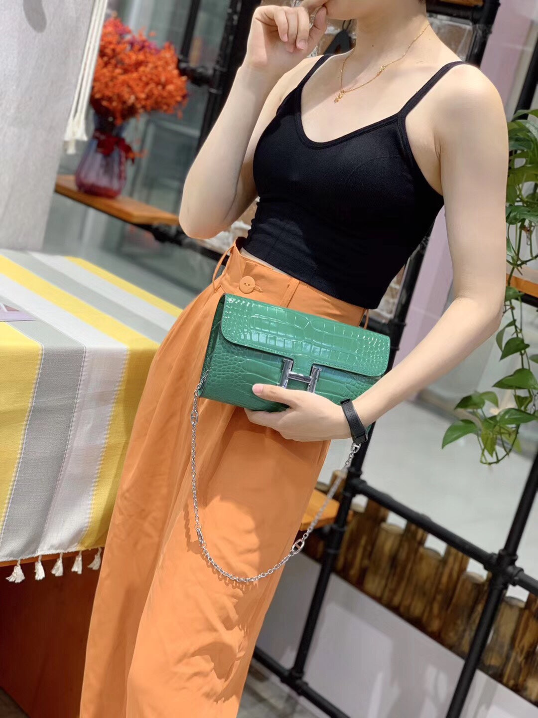 Green Crocodile Embossed Leather Crossbody Bag with Chain Strap