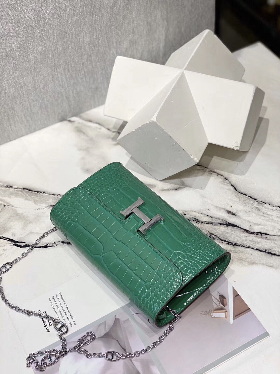 Green Crocodile Embossed Leather Crossbody Bag with Chain Strap