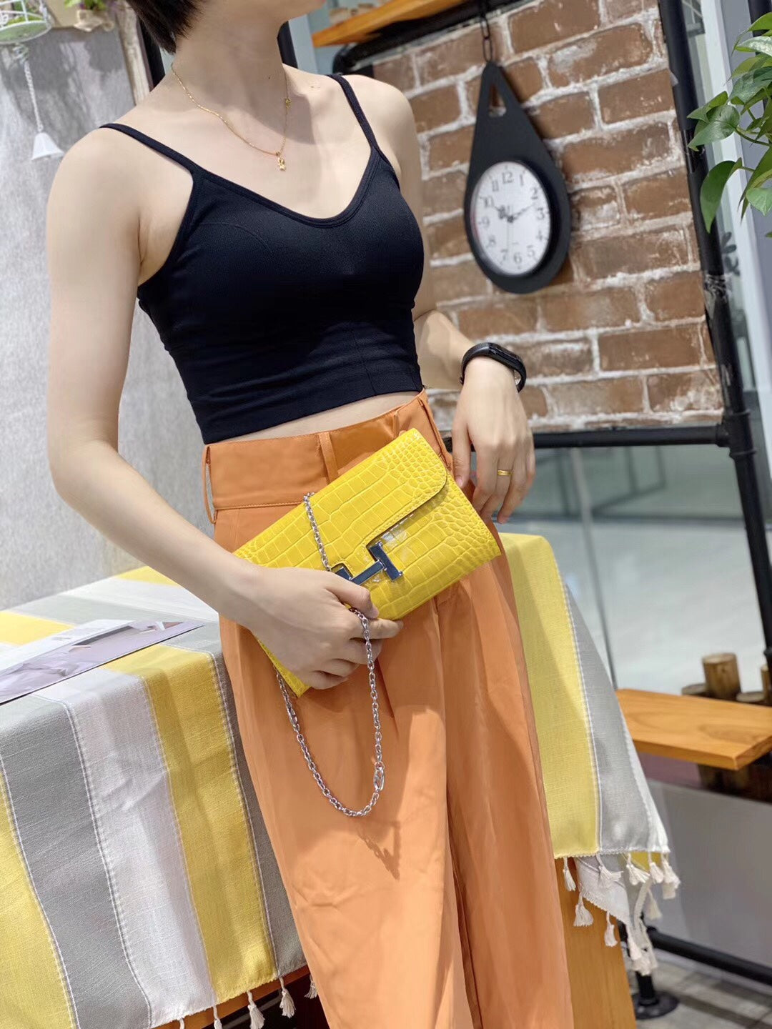 Yellow Crocodile Embossed Leather Shoulder Bag with Silver H Clasp and Chain Strap