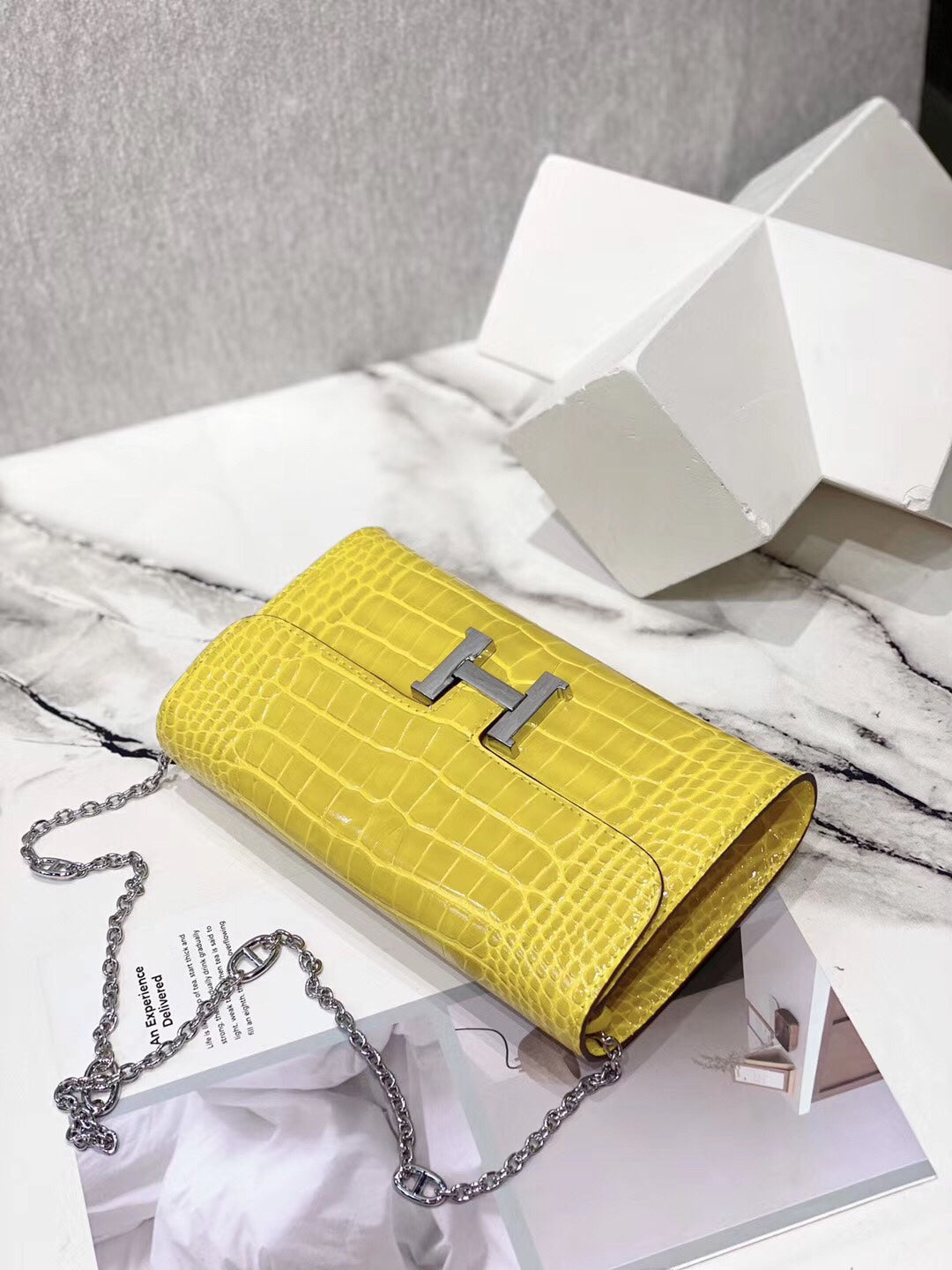 Yellow Crocodile Embossed Leather Shoulder Bag with Silver H Clasp and Chain Strap