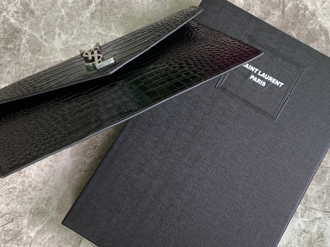 Saint Laurent Monogram Envelope Wallet in Crocodile-Embossed Leather - Black