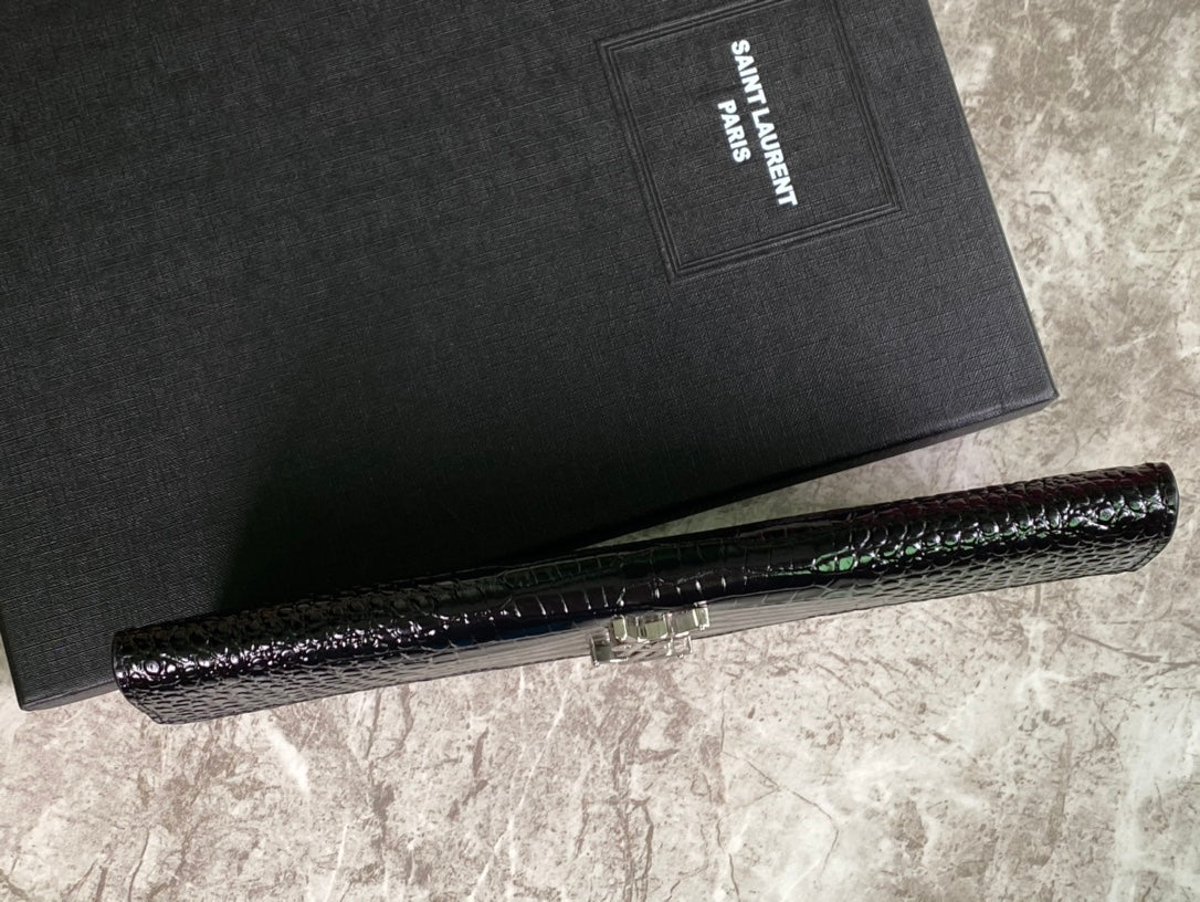 Saint Laurent Monogram Envelope Wallet in Crocodile-Embossed Leather - Black
