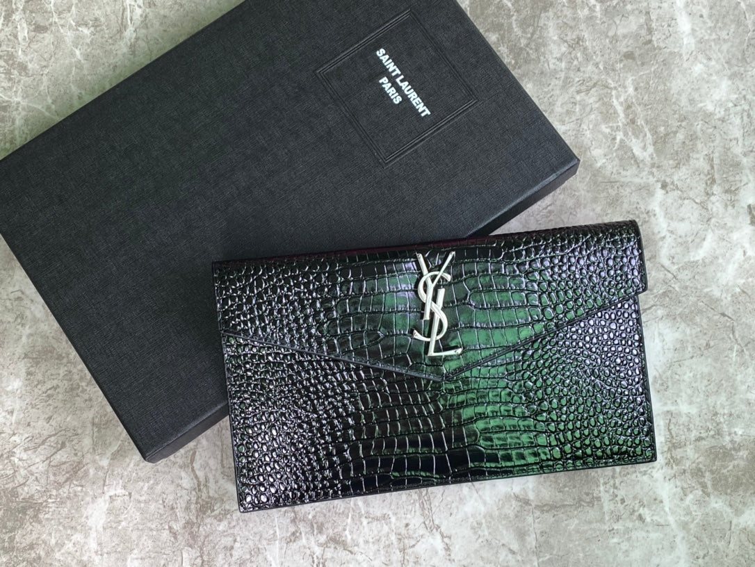 Saint Laurent Monogram Envelope Wallet in Crocodile-Embossed Leather - Black