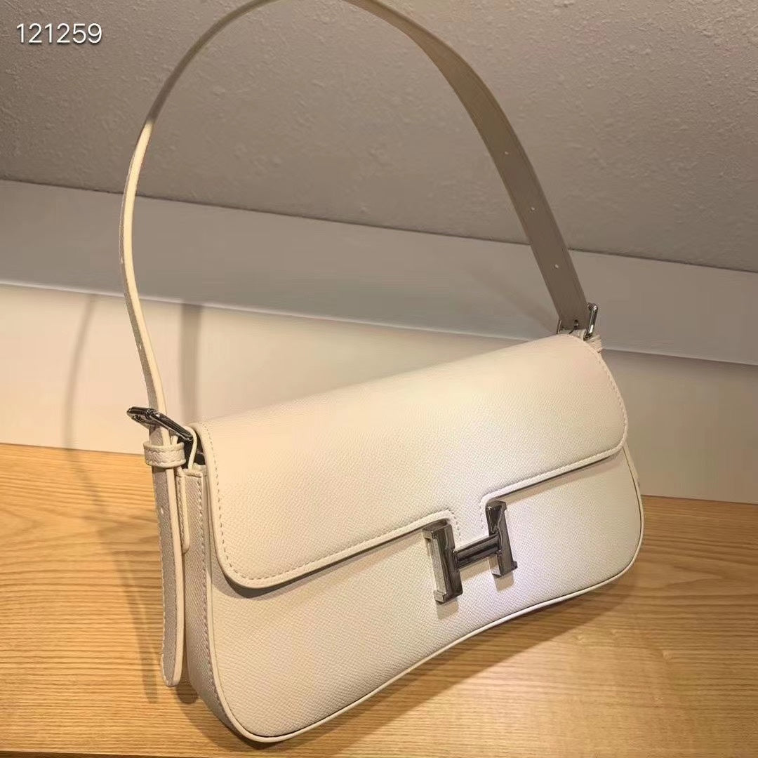 Elegant White Leather H-Logo Shoulder Bag with Silver-Tone Hardware