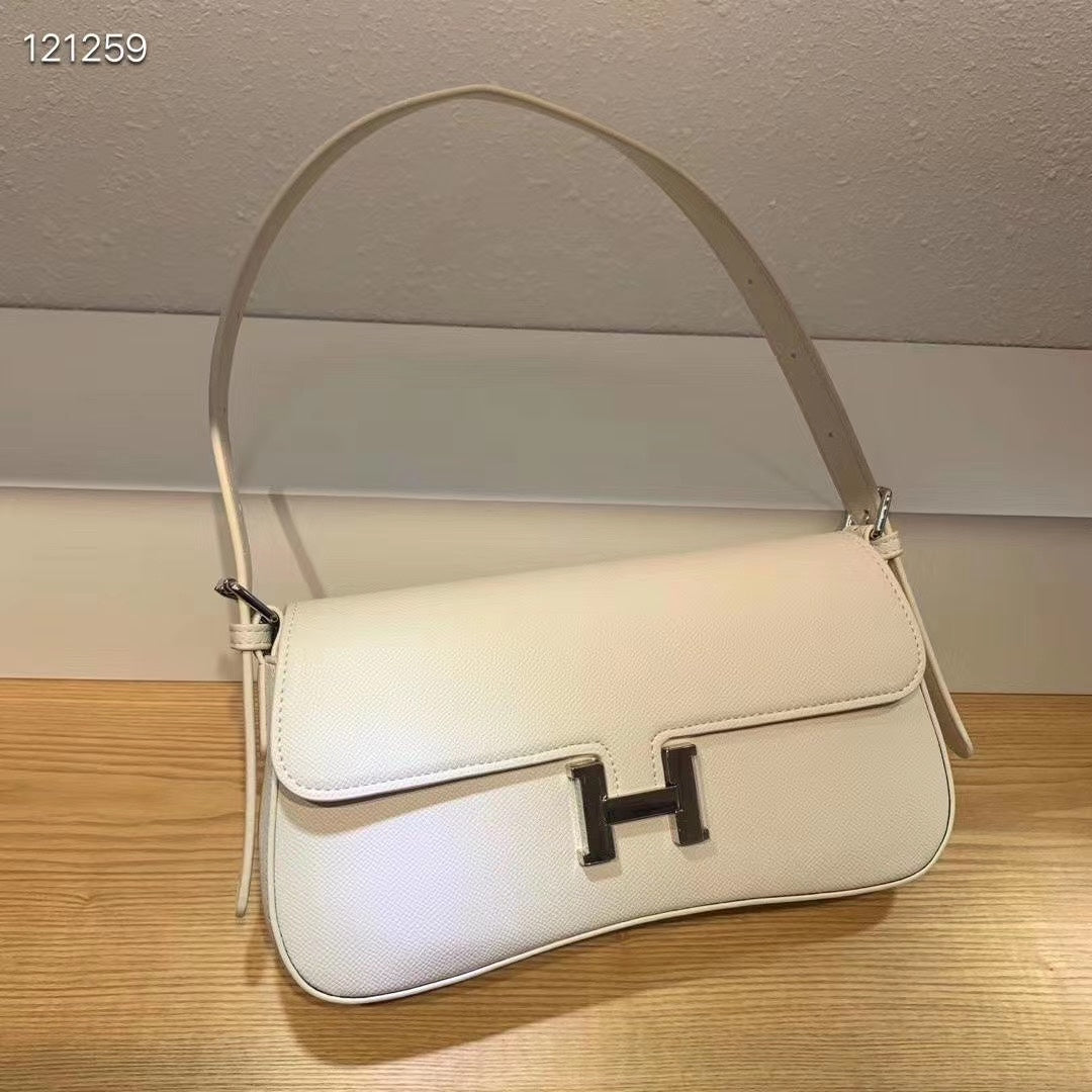 Elegant White Leather H-Logo Shoulder Bag with Silver-Tone Hardware