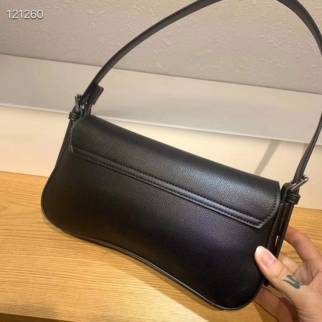 Women's Classic Black Leather H-Buckle Shoulder Bag - Elegant Flap Handbag
