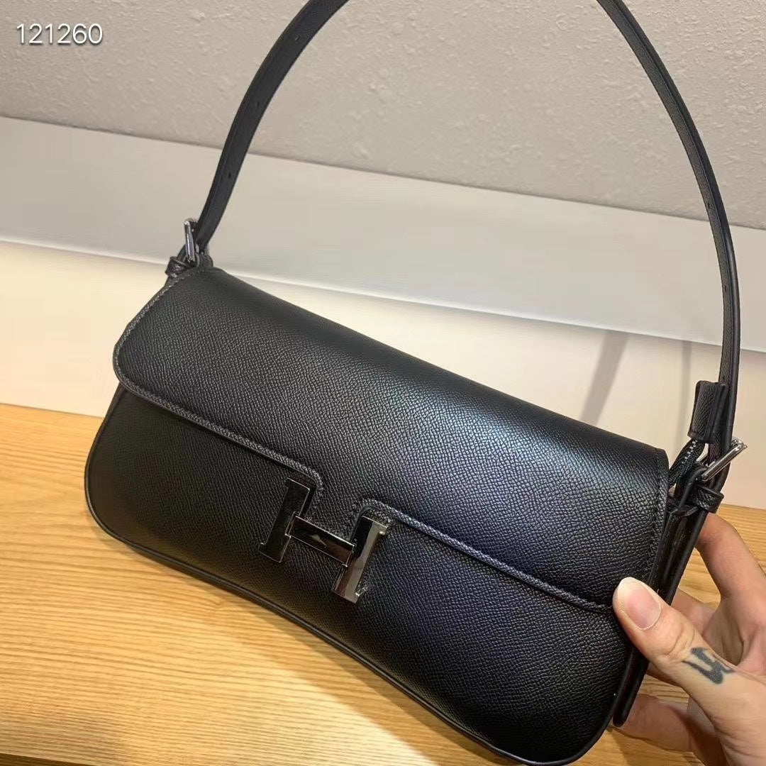 Women's Classic Black Leather H-Buckle Shoulder Bag - Elegant Flap Handbag