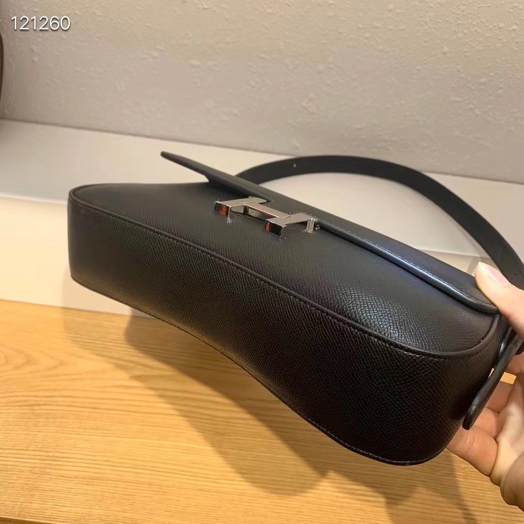 Women's Classic Black Leather H-Buckle Shoulder Bag - Elegant Flap Handbag
