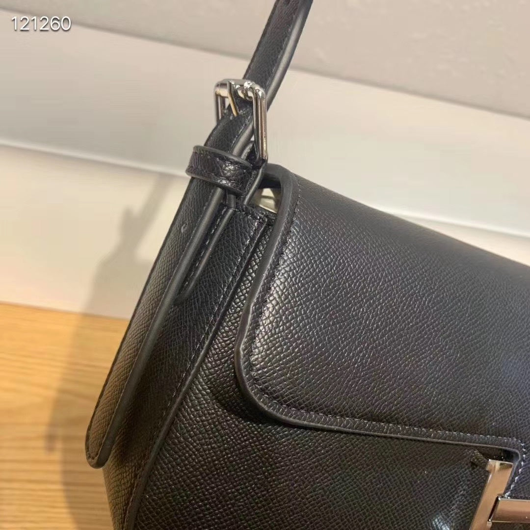 Women's Classic Black Leather H-Buckle Shoulder Bag - Elegant Flap Handbag