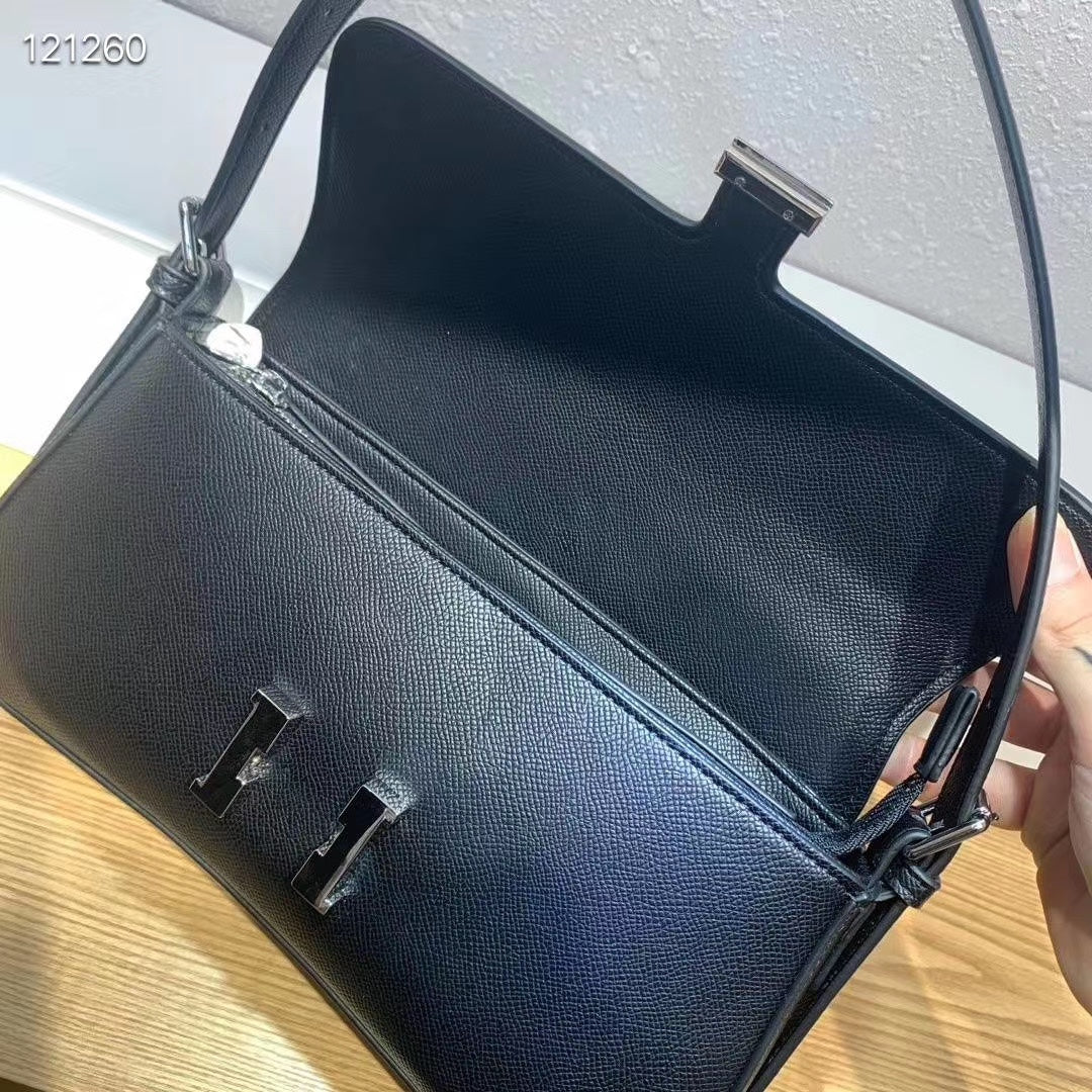Women's Classic Black Leather H-Buckle Shoulder Bag - Elegant Flap Handbag