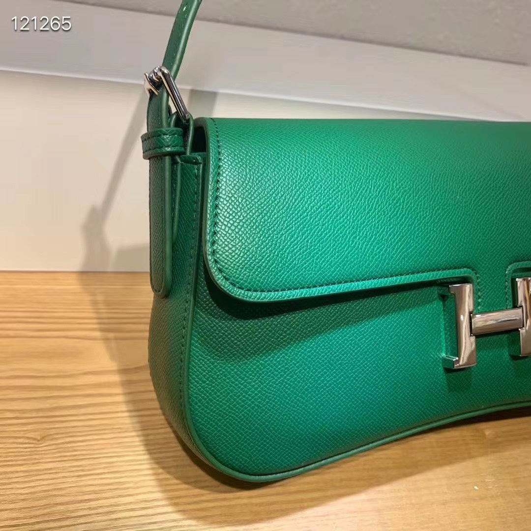 Luxury Green Leather Shoulder Bag with Iconic H Buckle - Elegant Women's Flap Handbag