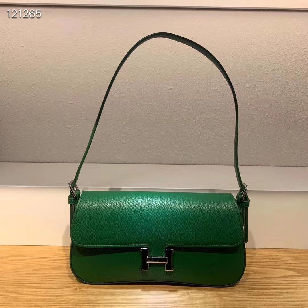 Luxury Green Leather Shoulder Bag with Iconic H Buckle - Elegant Women's Flap Handbag