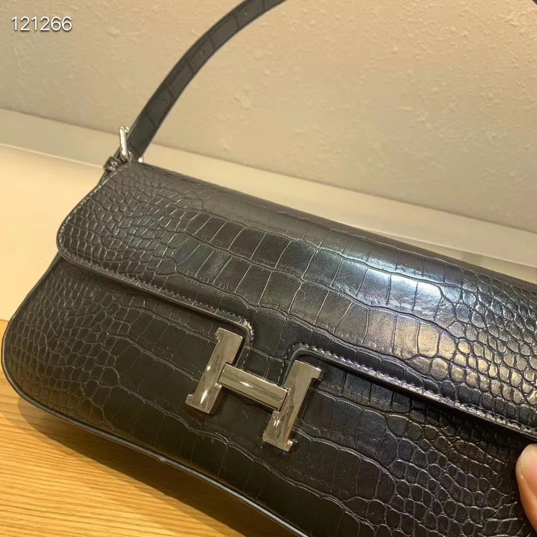 Women's Black Crocodile-Embossed Baguette Shoulder Bag with Silver H-Clasp
