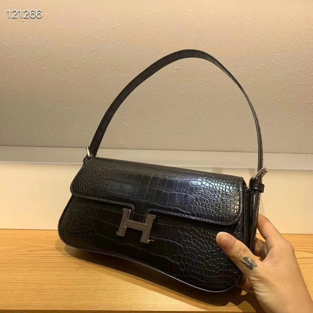 Women's Black Crocodile-Embossed Baguette Shoulder Bag with Silver H-Clasp