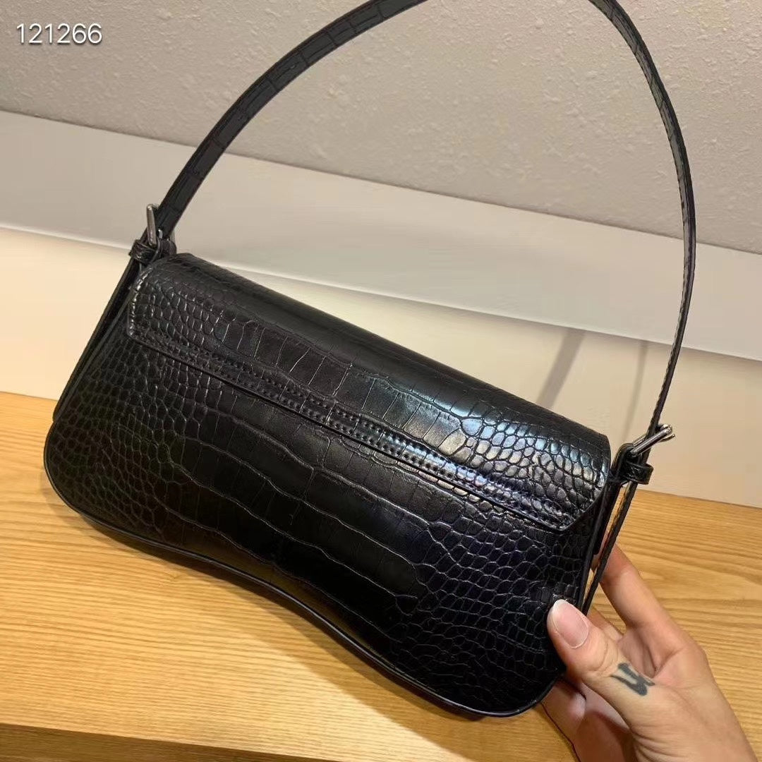 Women's Black Crocodile-Embossed Baguette Shoulder Bag with Silver H-Clasp