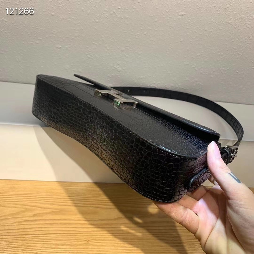 Women's Black Crocodile-Embossed Baguette Shoulder Bag with Silver H-Clasp