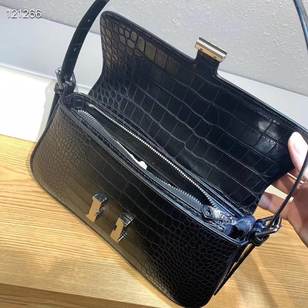 Women's Black Crocodile-Embossed Baguette Shoulder Bag with Silver H-Clasp