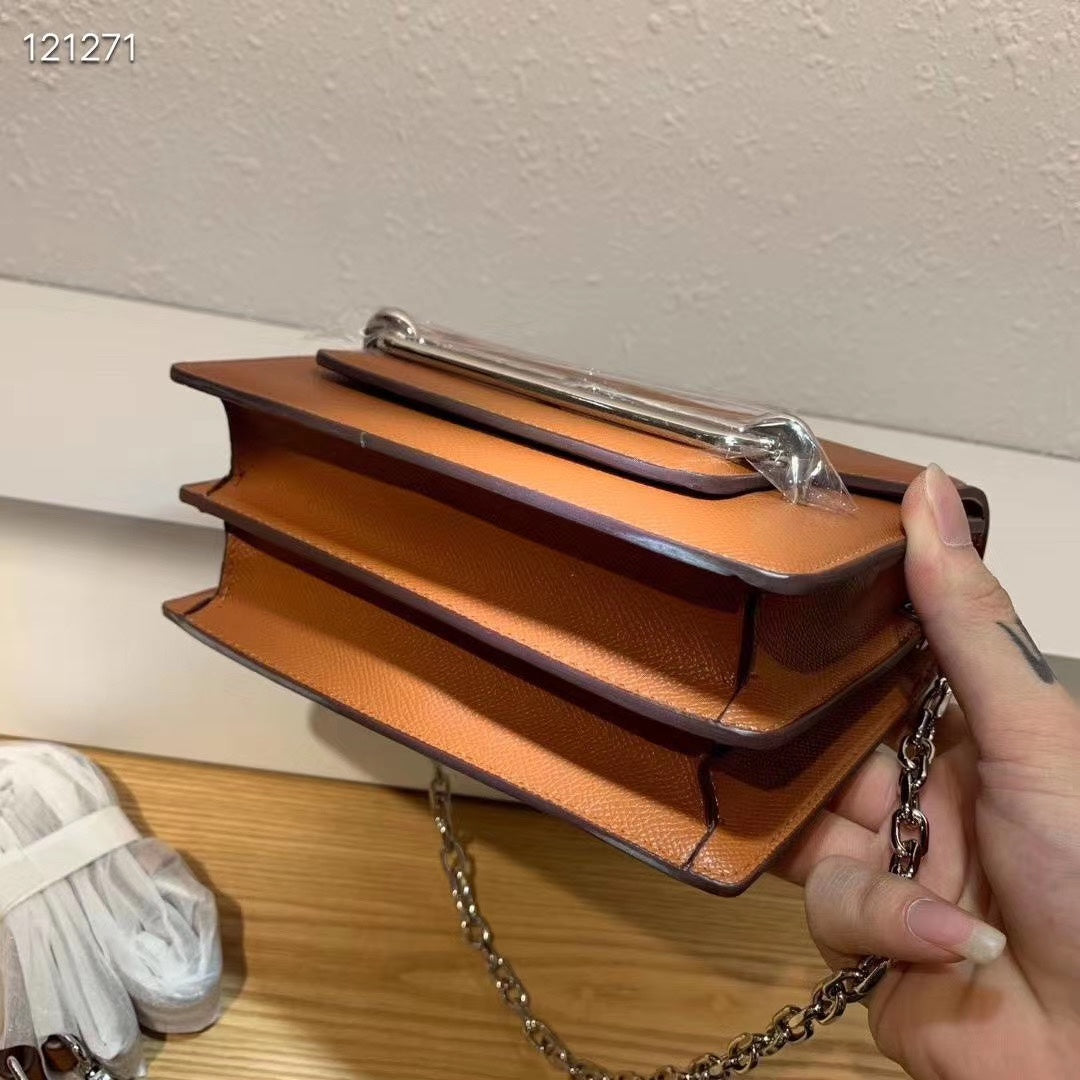 Women's Tan Structured Crossbody Bag with Silver-Tone Metal Bar Detail