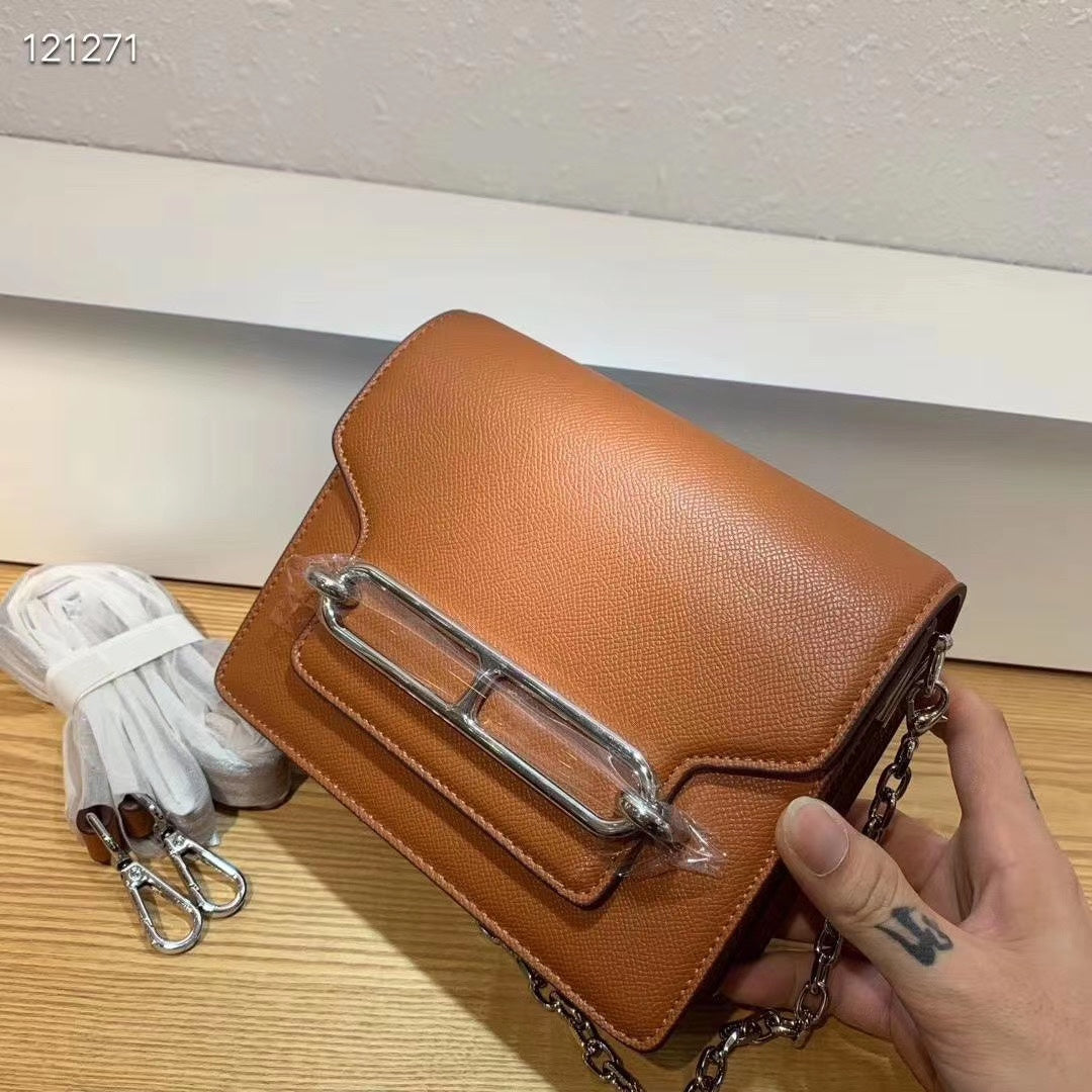 Women's Tan Structured Crossbody Bag with Silver-Tone Metal Bar Detail