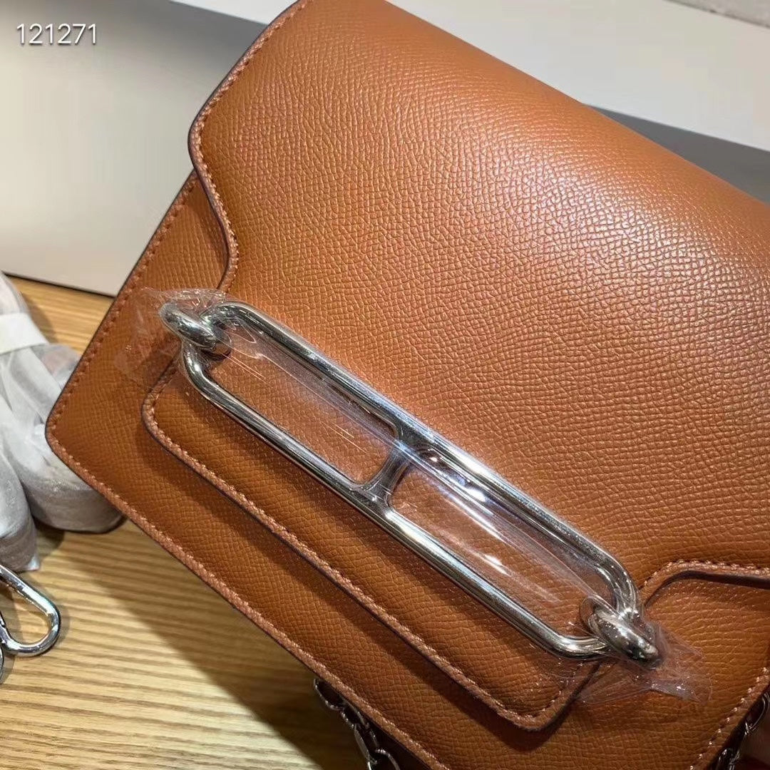 Women's Tan Structured Crossbody Bag with Silver-Tone Metal Bar Detail