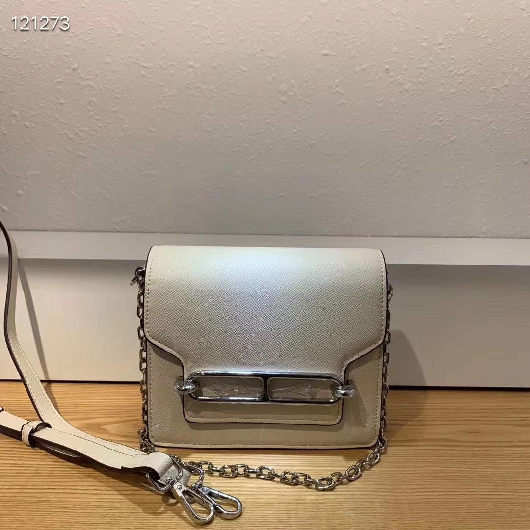 White Leather Crossbody Bag with Silver-Tone Chain and Bar Detail