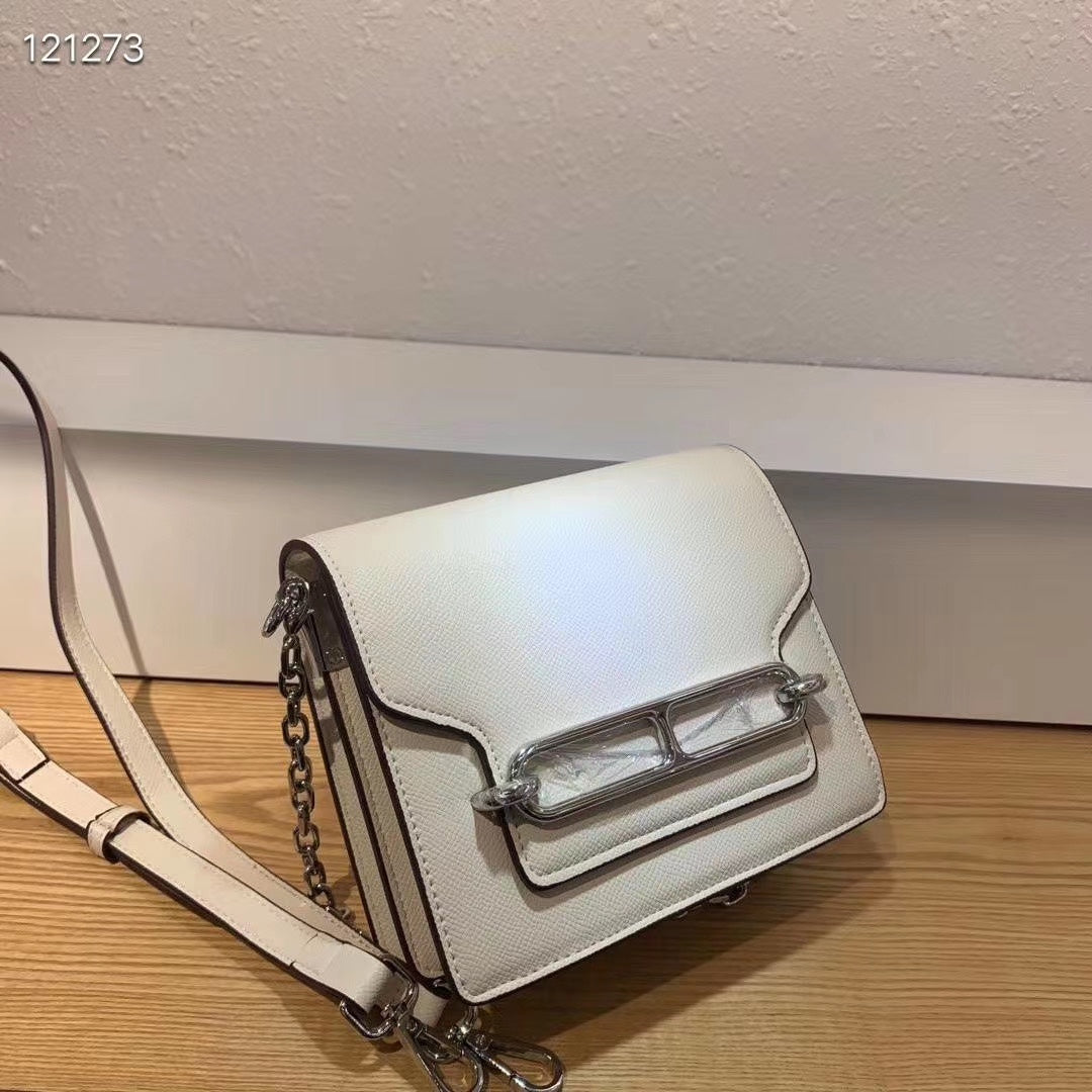 White Leather Crossbody Bag with Silver-Tone Chain and Bar Detail