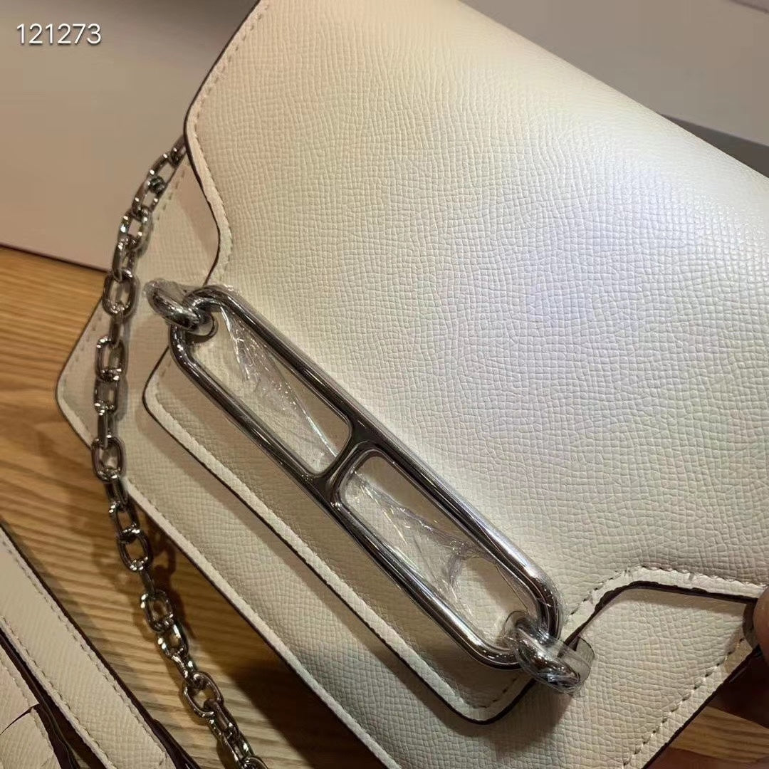 White Leather Crossbody Bag with Silver-Tone Chain and Bar Detail