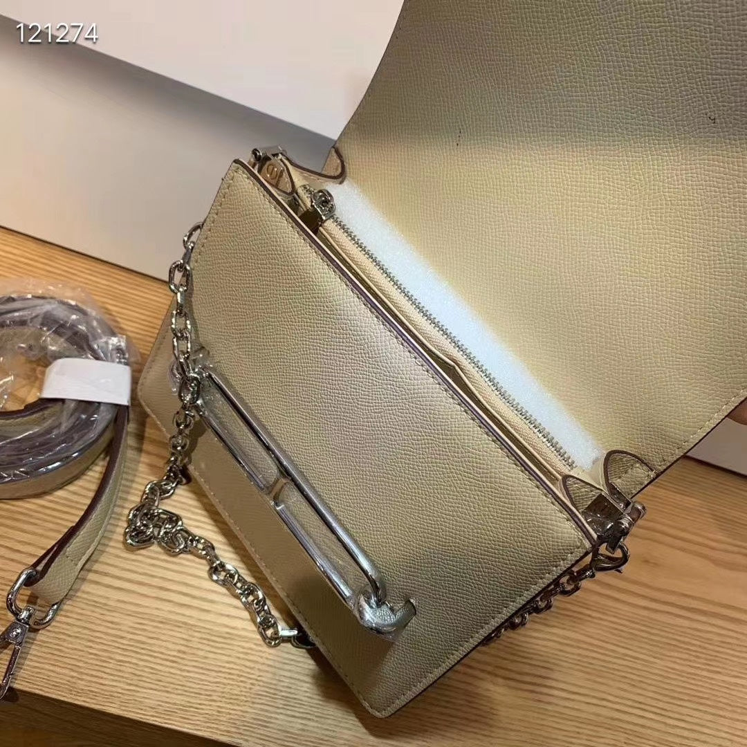 Elegant Gold Leather Crossbody Bag with Chain Strap and Silver Hardware