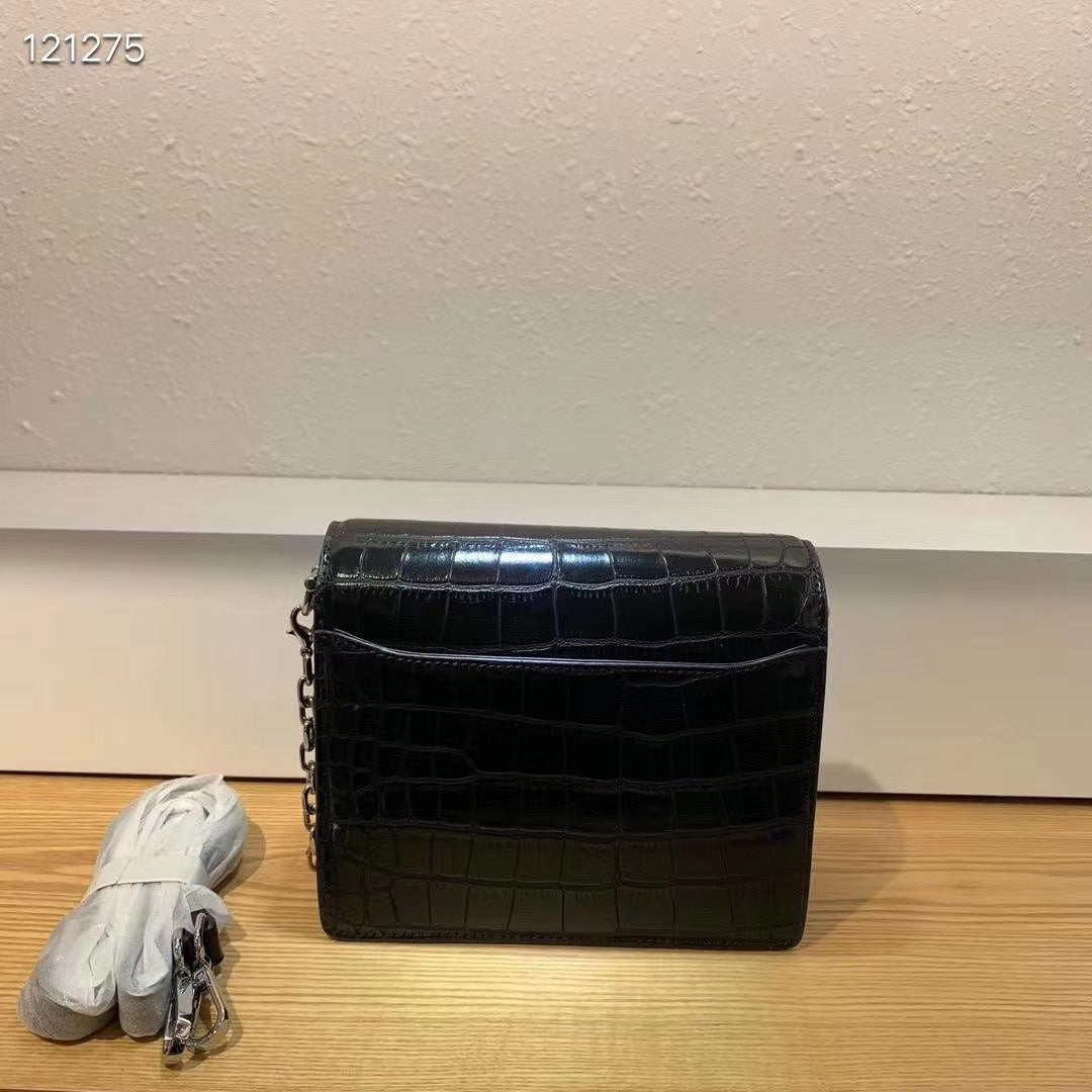 Elegant Black Crocodile-Embossed Leather Shoulder Bag with Silver Chain Strap