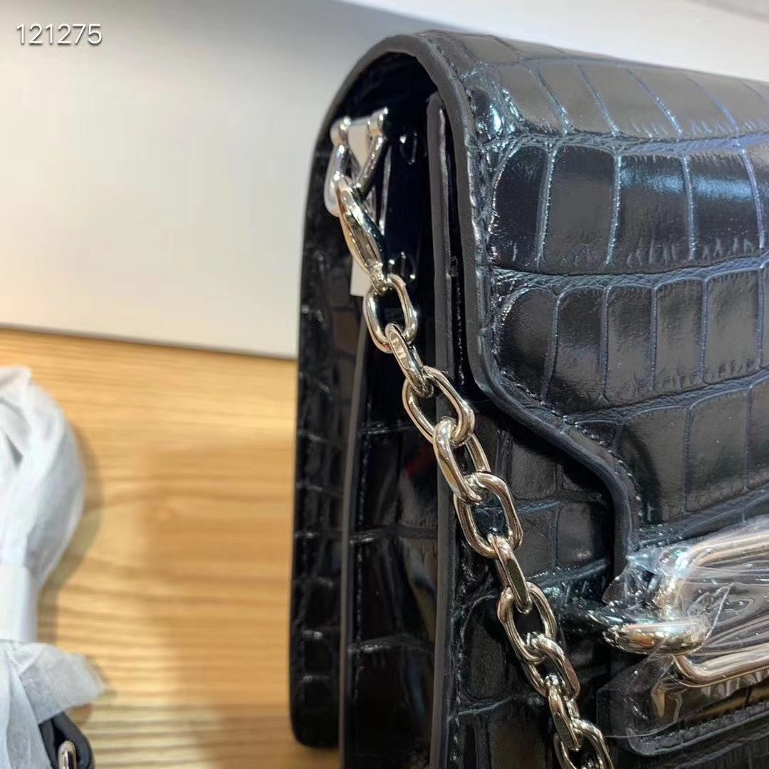 Elegant Black Crocodile-Embossed Leather Shoulder Bag with Silver Chain Strap