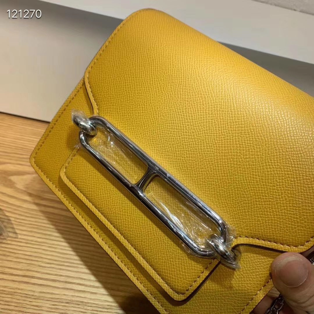 Mustard Yellow Leather Crossbody Bag with Silver Chain and Bar Clasp