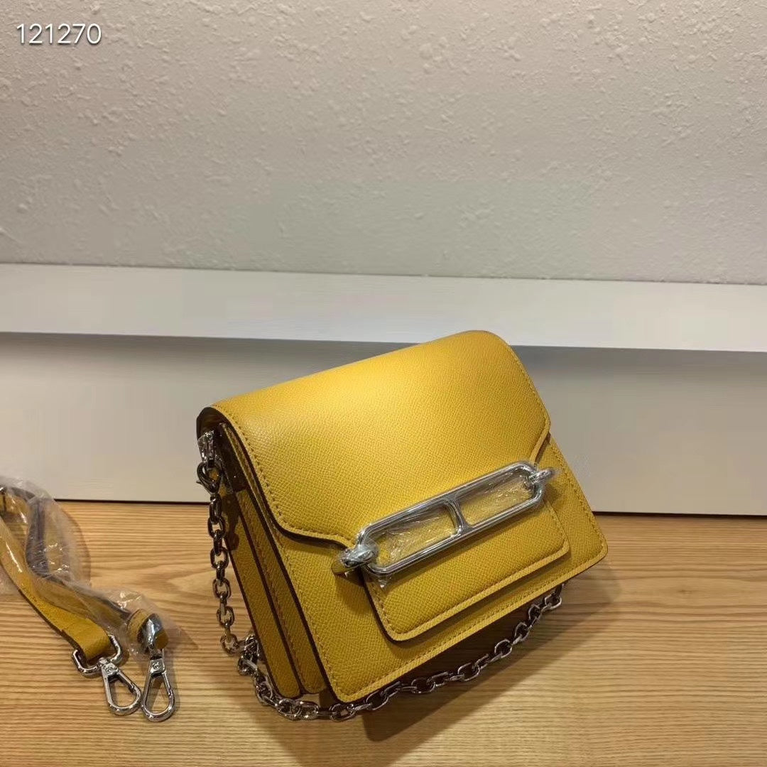 Mustard Yellow Leather Crossbody Bag with Silver Chain and Bar Clasp