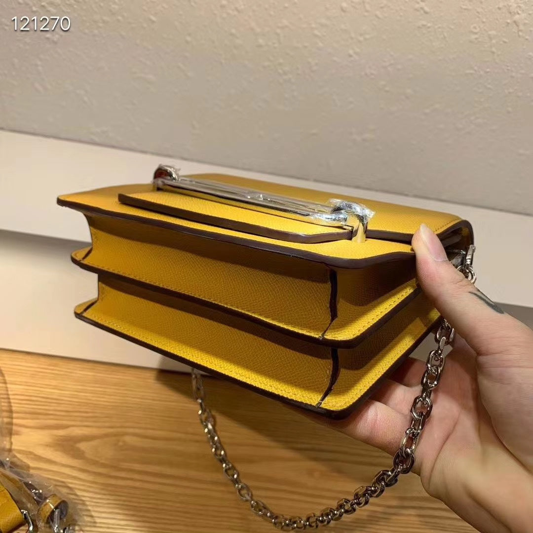 Mustard Yellow Leather Crossbody Bag with Silver Chain and Bar Clasp