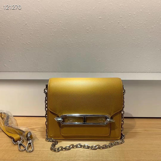 Mustard Yellow Leather Crossbody Bag with Silver Chain and Bar Clasp
