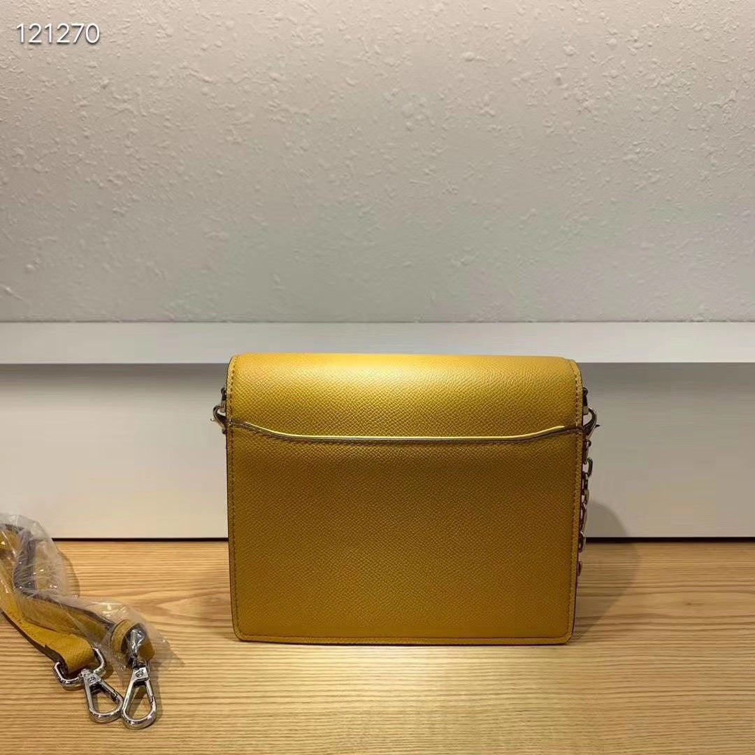 Mustard Yellow Leather Crossbody Bag with Silver Chain and Bar Clasp