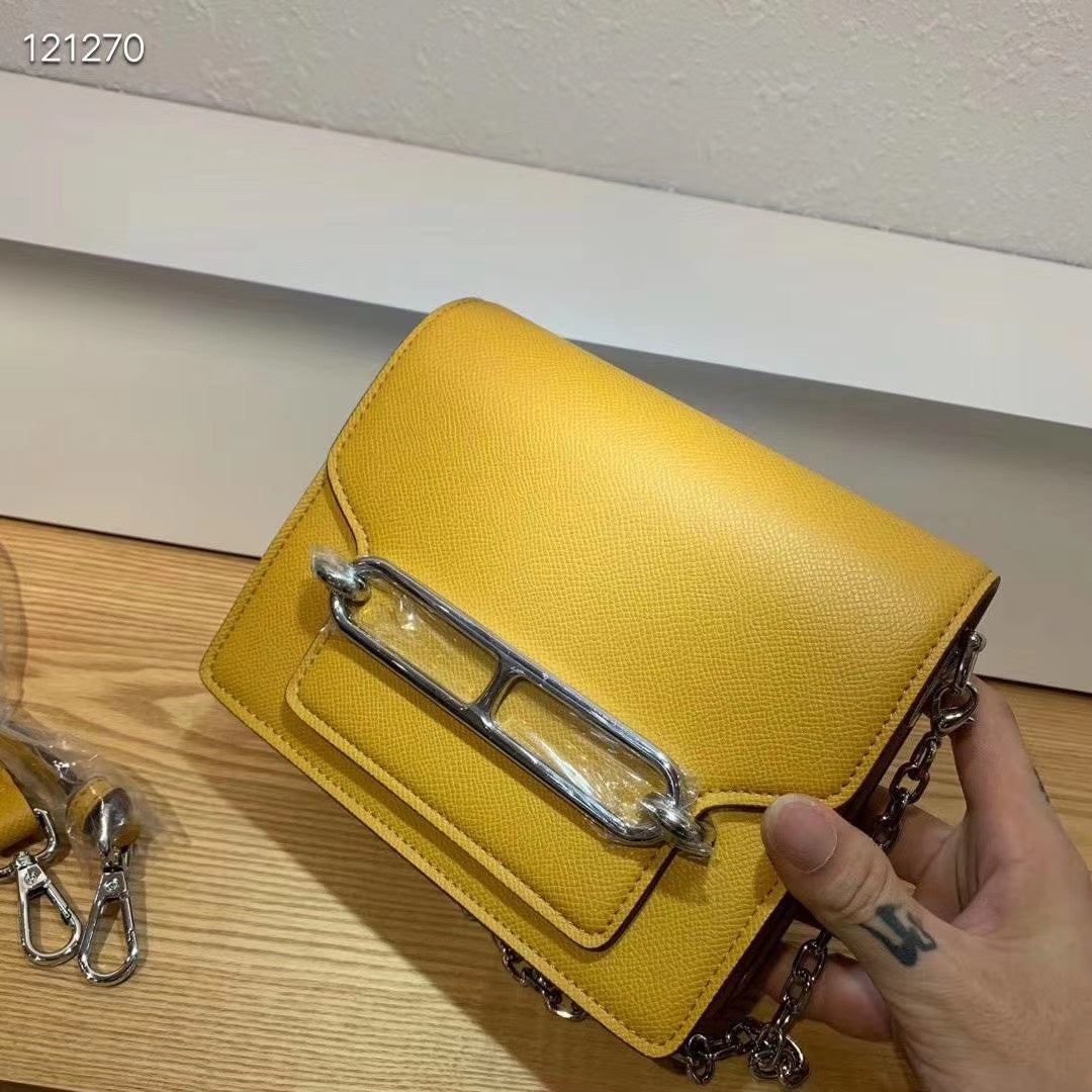 Mustard Yellow Leather Crossbody Bag with Silver Chain and Bar Clasp