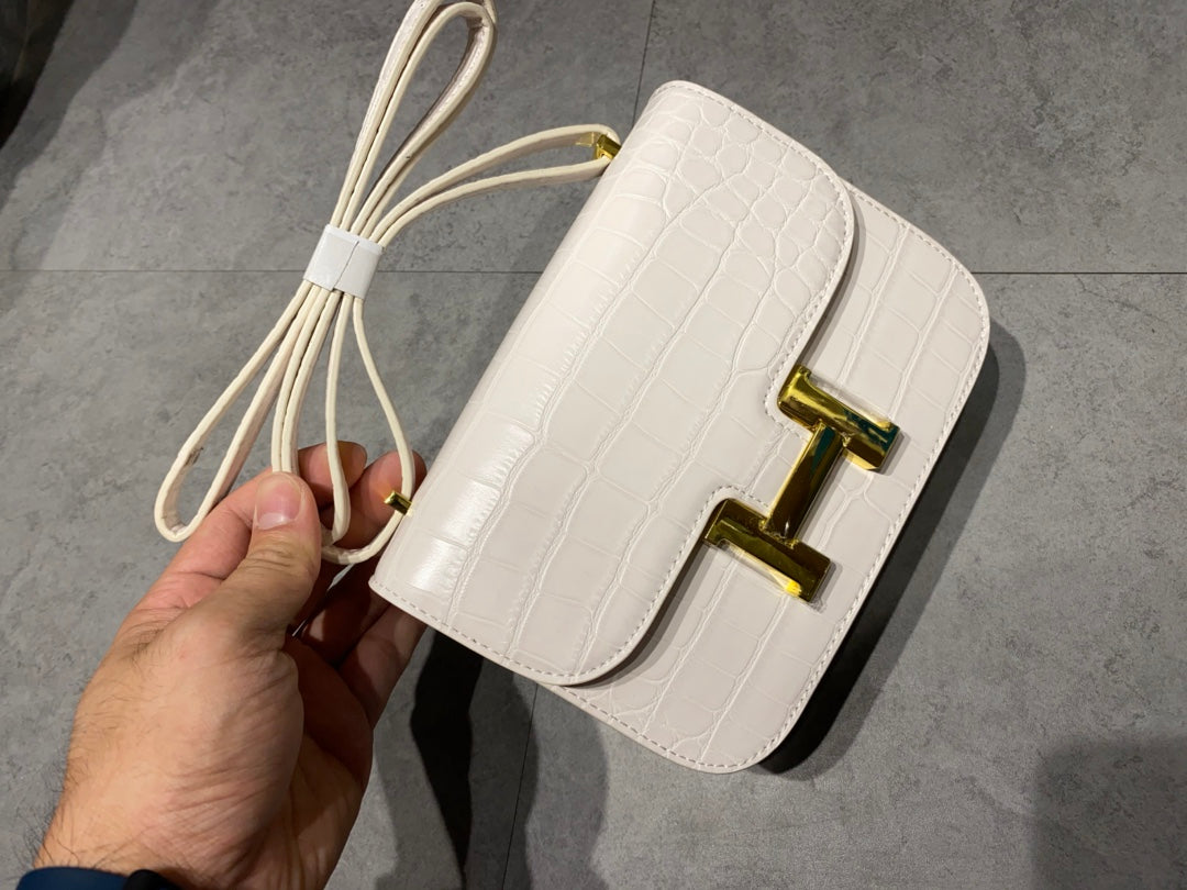 White Textured Mini Crossbody Bag with Gold H-Clasp