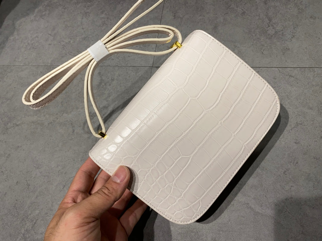 White Textured Mini Crossbody Bag with Gold H-Clasp