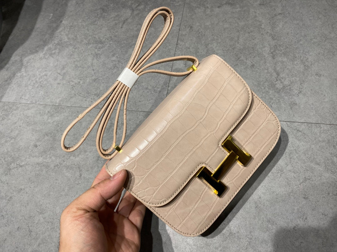 Women's Elegant Lizard Embossed Crossbody Bag with Gold H-Clasp - Beige