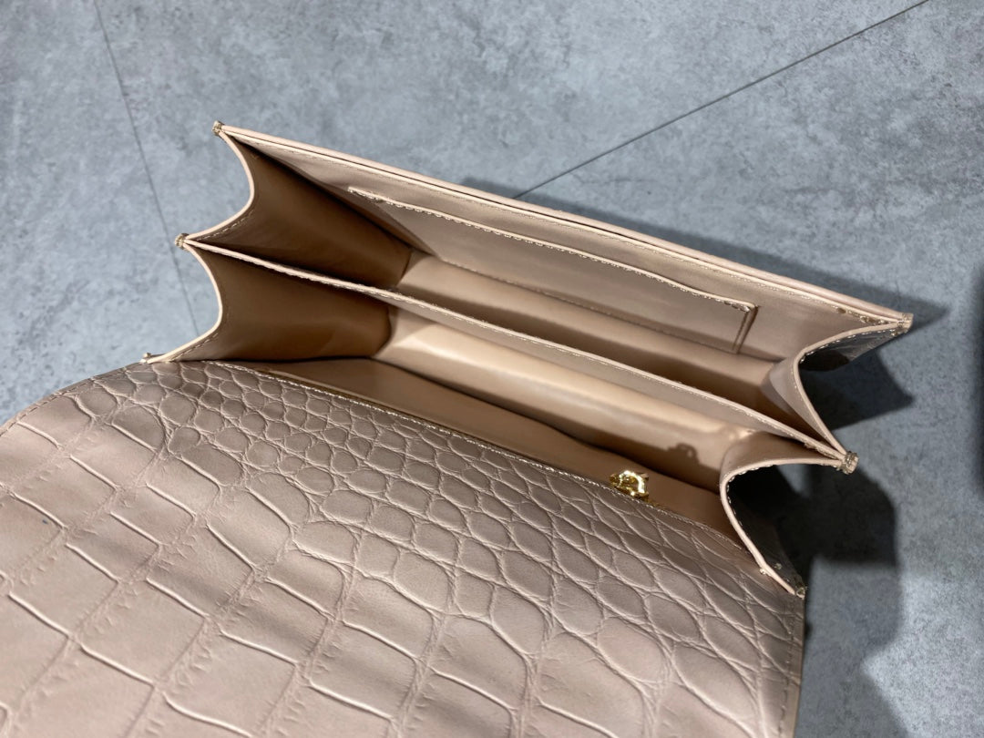Women's Elegant Lizard Embossed Crossbody Bag with Gold H-Clasp - Beige