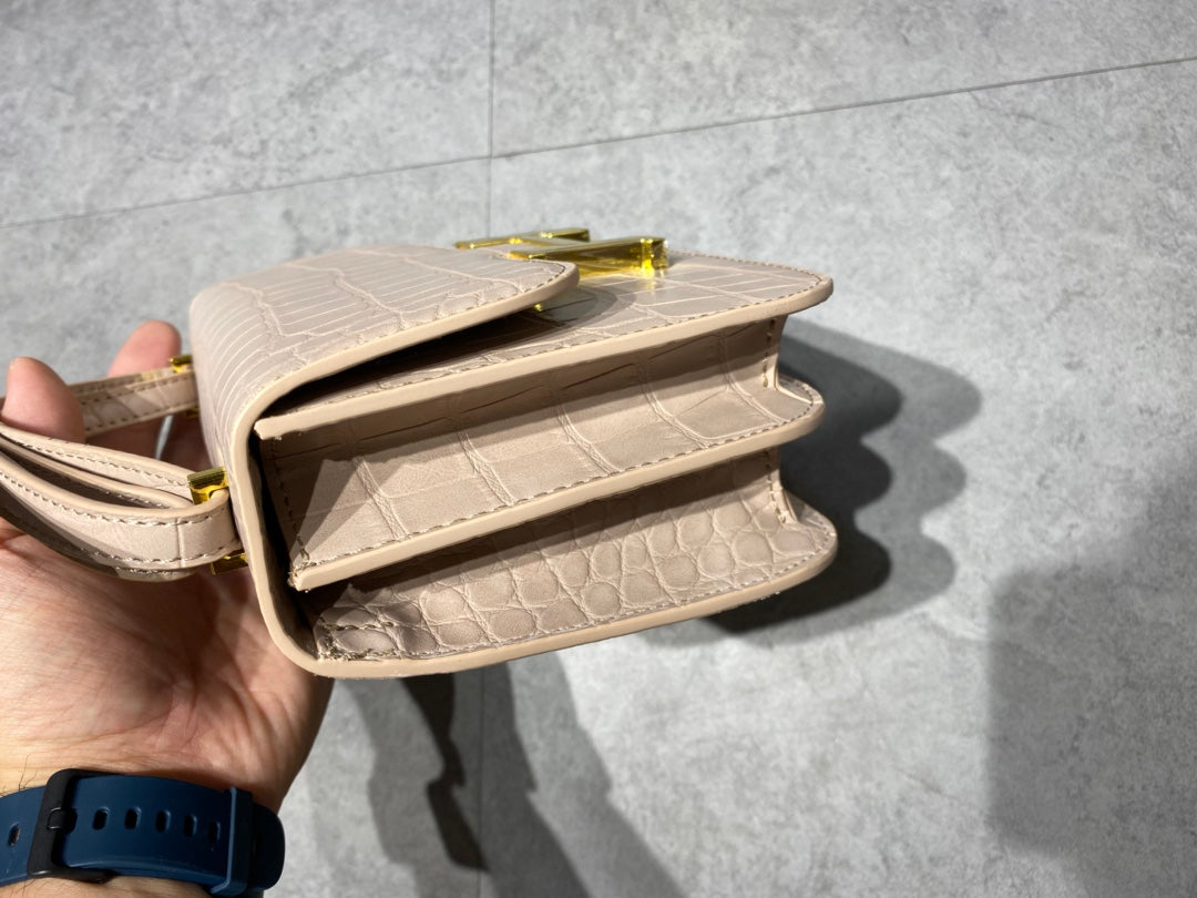 Women's Elegant Lizard Embossed Crossbody Bag with Gold H-Clasp - Beige