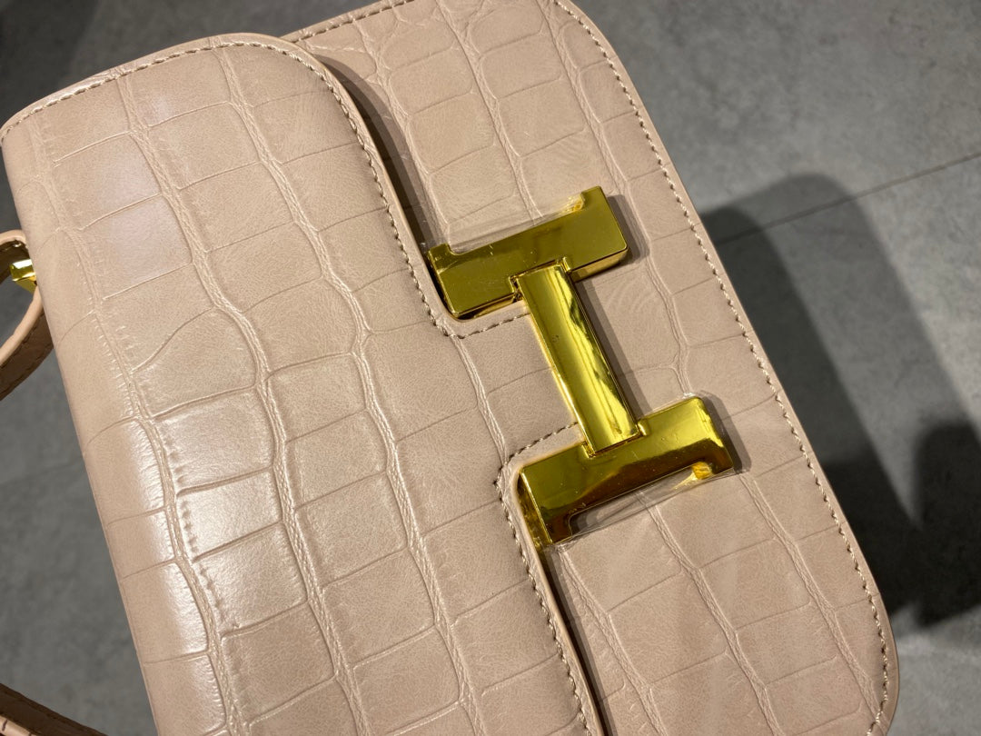 Women's Elegant Lizard Embossed Crossbody Bag with Gold H-Clasp - Beige