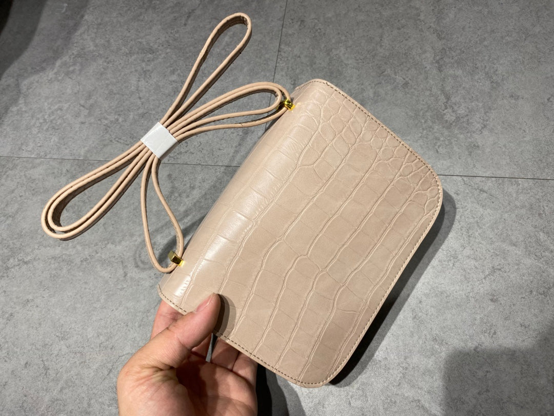 Women's Elegant Lizard Embossed Crossbody Bag with Gold H-Clasp - Beige