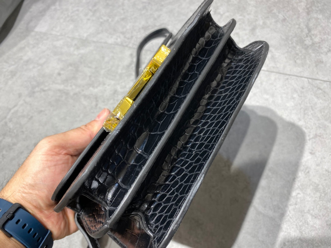 Luxury Black Crocodile Embossed Leather Crossbody Bag with Gold H Clasp