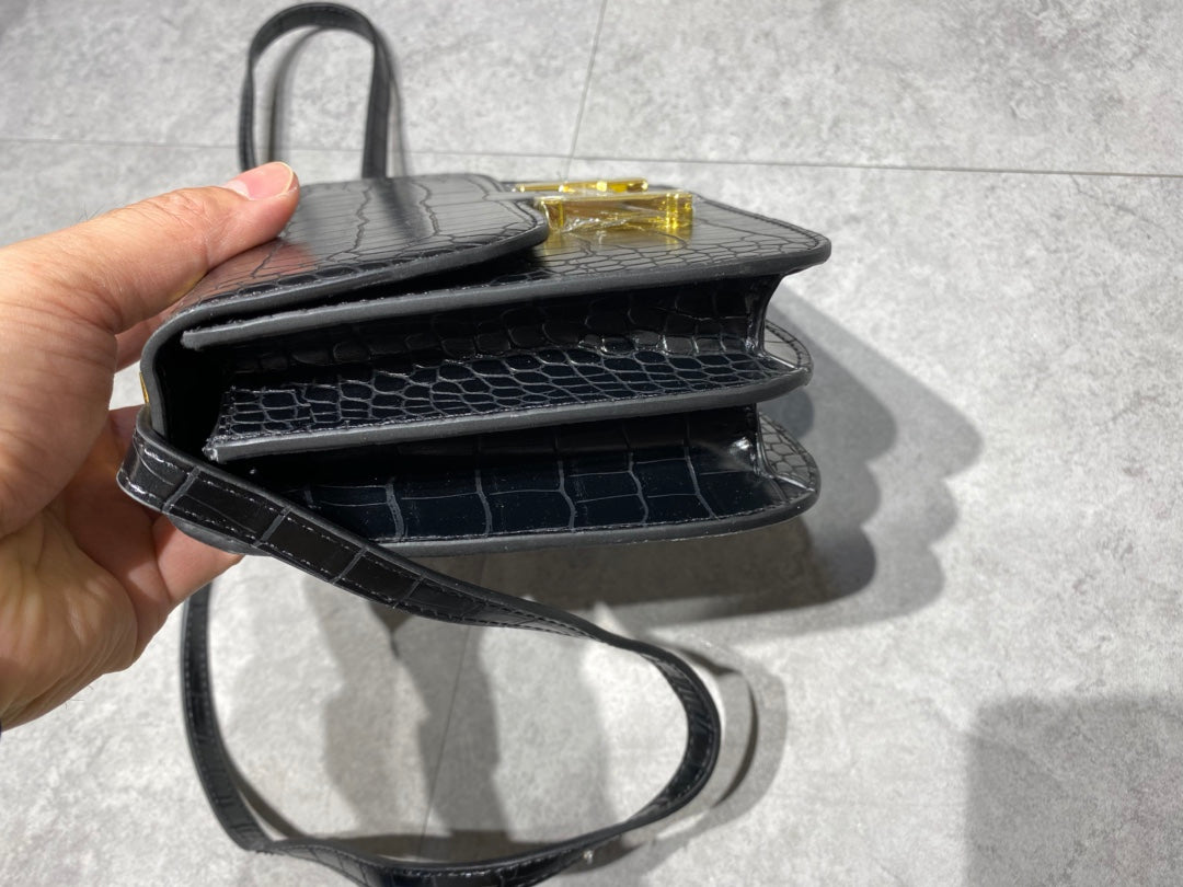 Luxury Black Crocodile Embossed Leather Crossbody Bag with Gold H Clasp