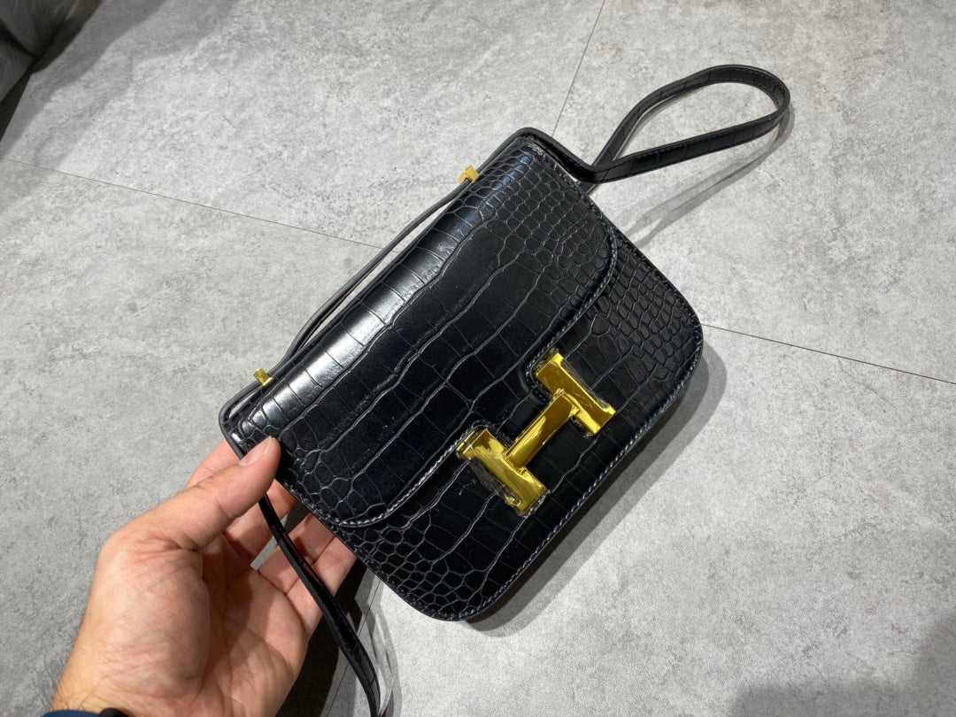 Luxury Black Crocodile Embossed Leather Crossbody Bag with Gold H Clasp