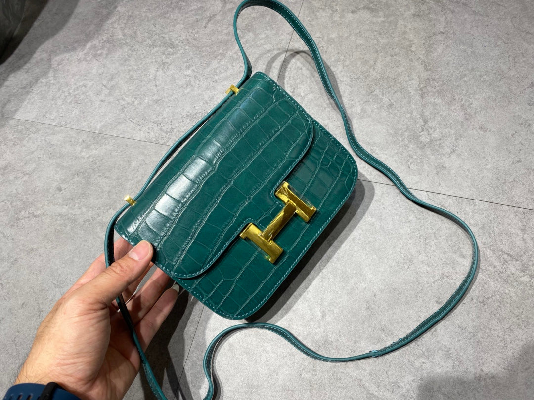 Emerald Green Crocodile Embossed Crossbody Bag with Gold H-Clasp