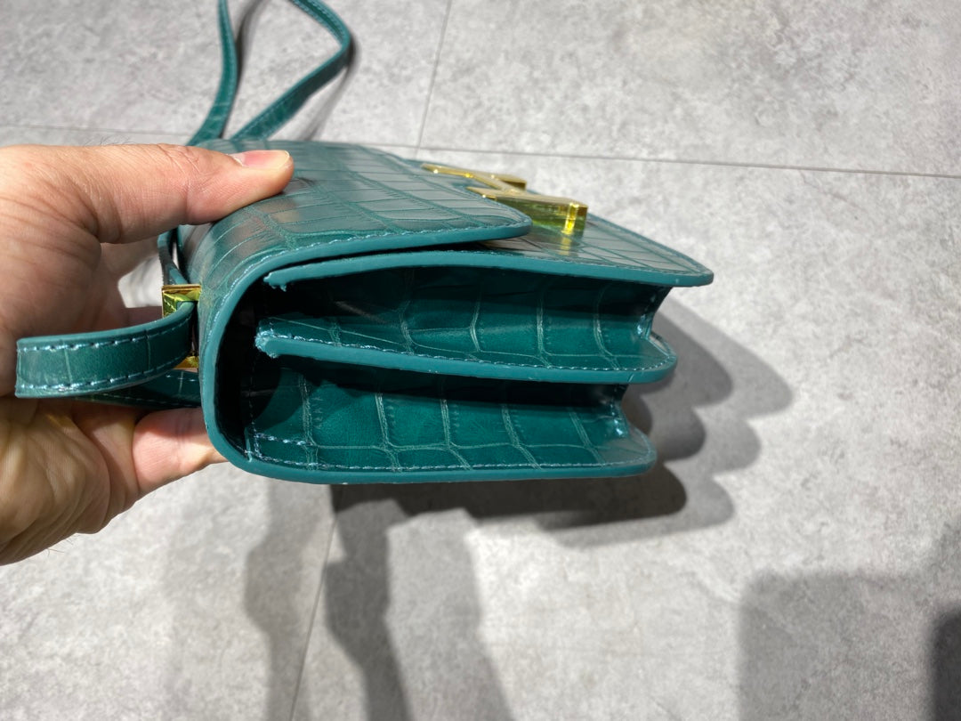 Emerald Green Crocodile Embossed Crossbody Bag with Gold H-Clasp