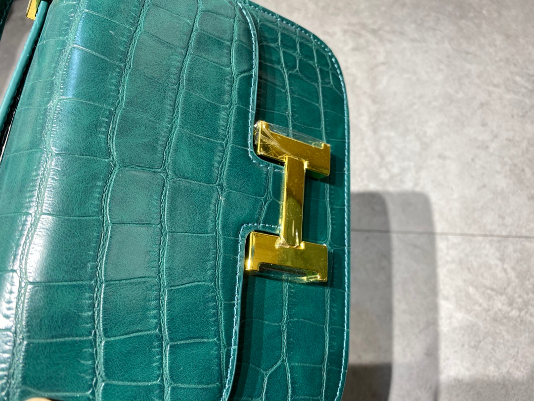 Emerald Green Crocodile Embossed Crossbody Bag with Gold H-Clasp