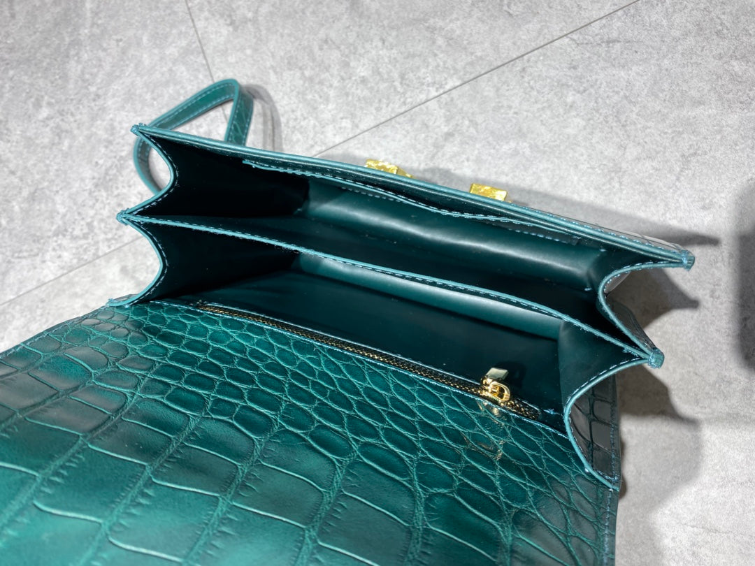 Emerald Green Crocodile Embossed Crossbody Bag with Gold H-Clasp